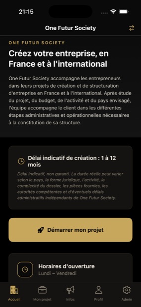 Écran d'accueil de l'application One Futur Society